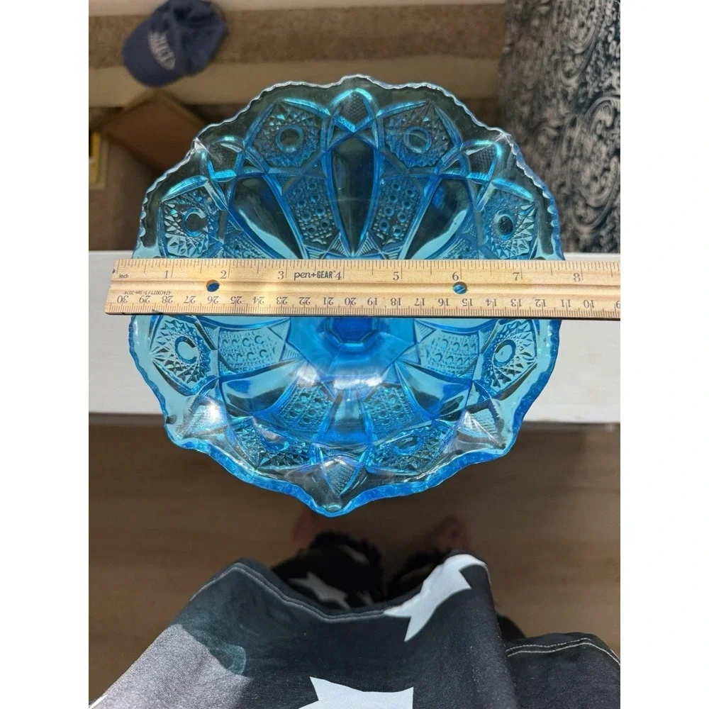 L E Smith Heritage Quintec Blue Stemmed Footed Compote Dish Bowl Cottage Core